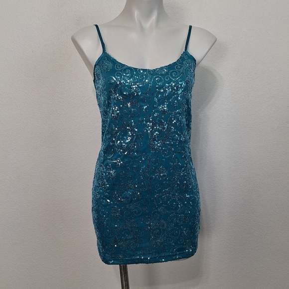 BKE Teal Glam Sequin Y2K Spaghetti Strap Retro Mini Dress Size L - Picture 1 of 11
